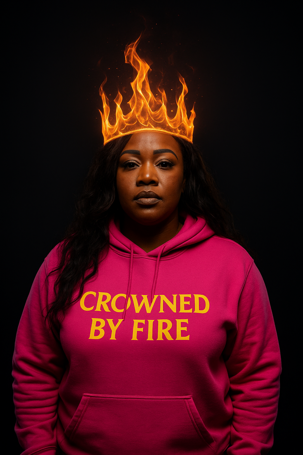 High-resolution promotional image of a Black woman wearing a hot pink hoodie with the Crowned By Fire logo, standing confidently against a dark background with subtle gold flame accents, representing the “Wear the Flame” clothing collection.