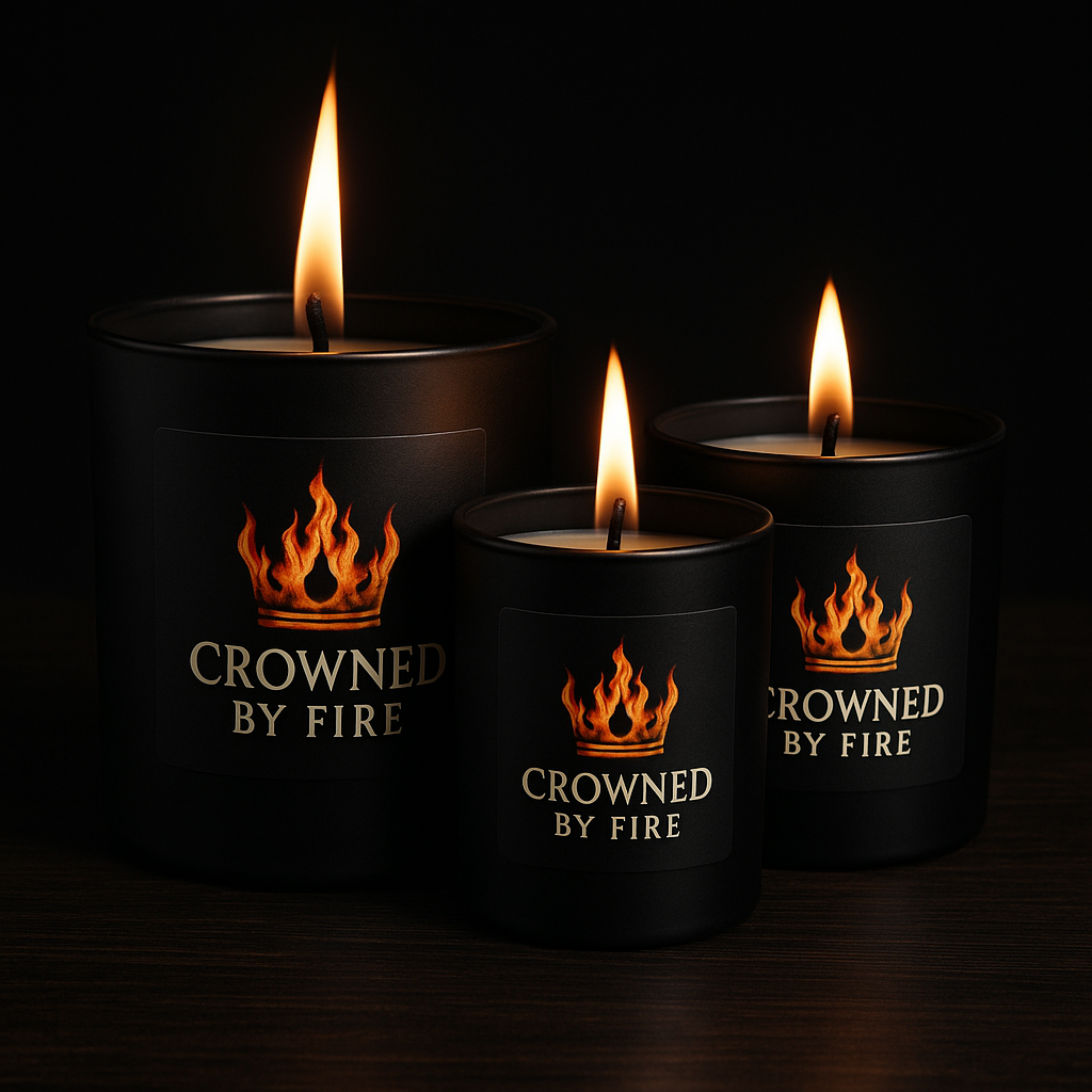 HD image of three luxury candles in black and gold containers with the Crowned By Fire logo, set on a warm-toned altar space with flickering flames, representing the “Light Bearers” candle collection.