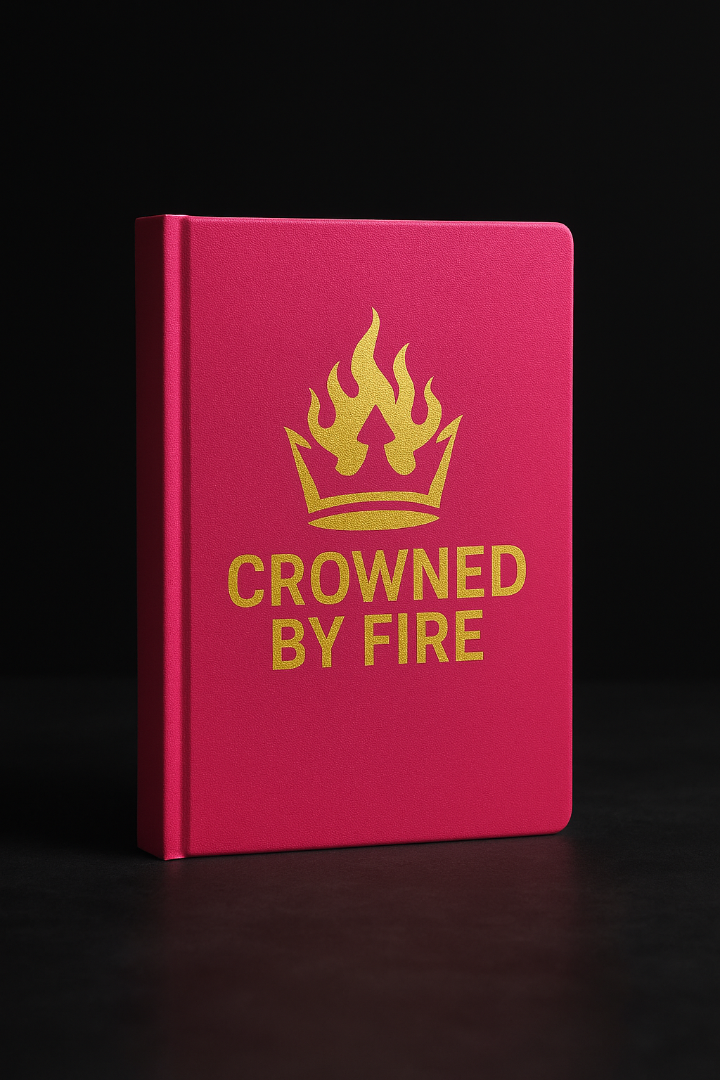 High-resolution image of a luxury hardcover journal in hot pink, black, and gold Crowned By Fire branding, placed beside a lit candle and gold pen on a dark wood desk, representing the “Scriptures of the Flame” journal collection.