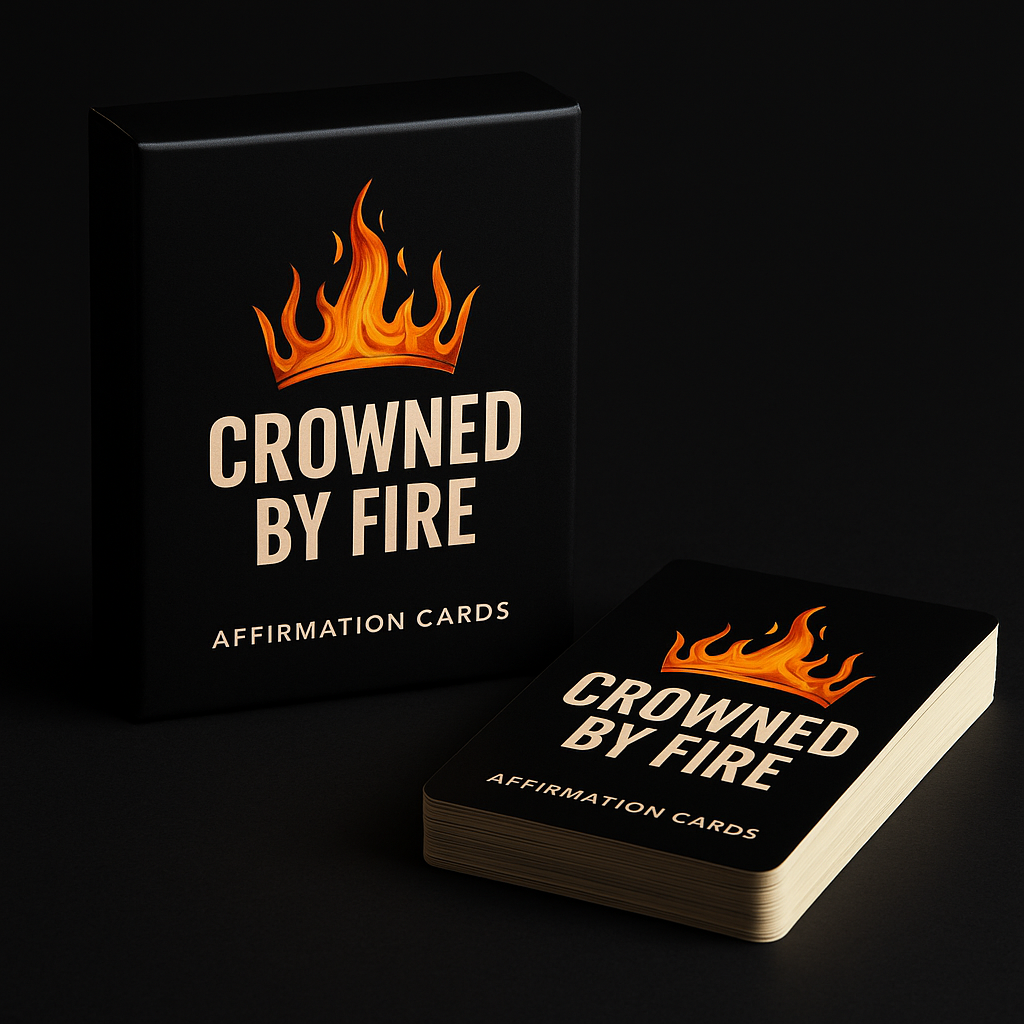 High-resolution image of a deck of affirmation cards with hot pink, black, and gold Crowned By Fire branding, fanned out on a dark velvet surface, representing the “Crowns in Your Hands” affirmation deck collection.