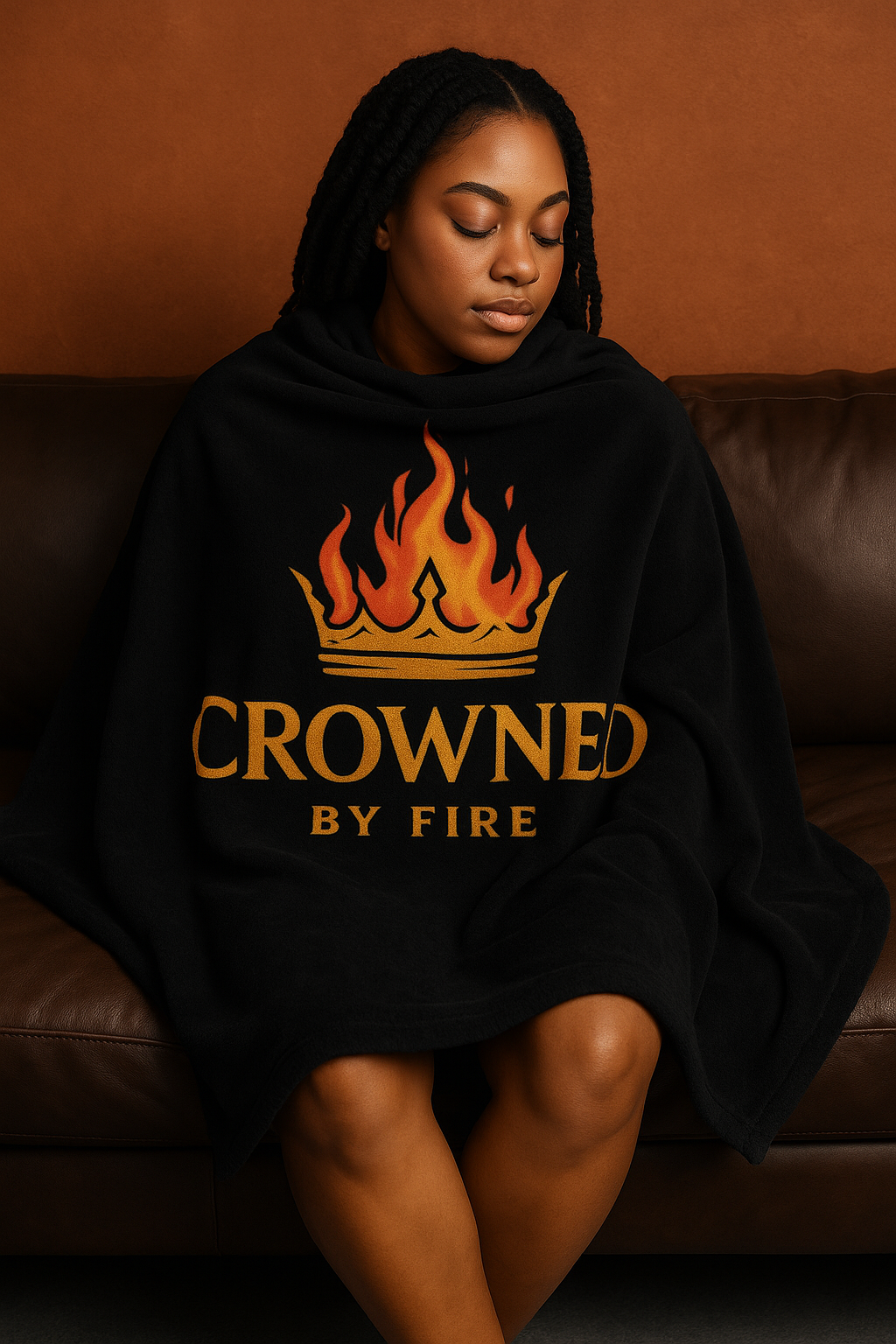 Soft cream-and-gold woven blanket with the Crowned By Fire branding, draped over a chair in a cozy, fire-lit room, representing the “Covering of Ashes” blanket collection.