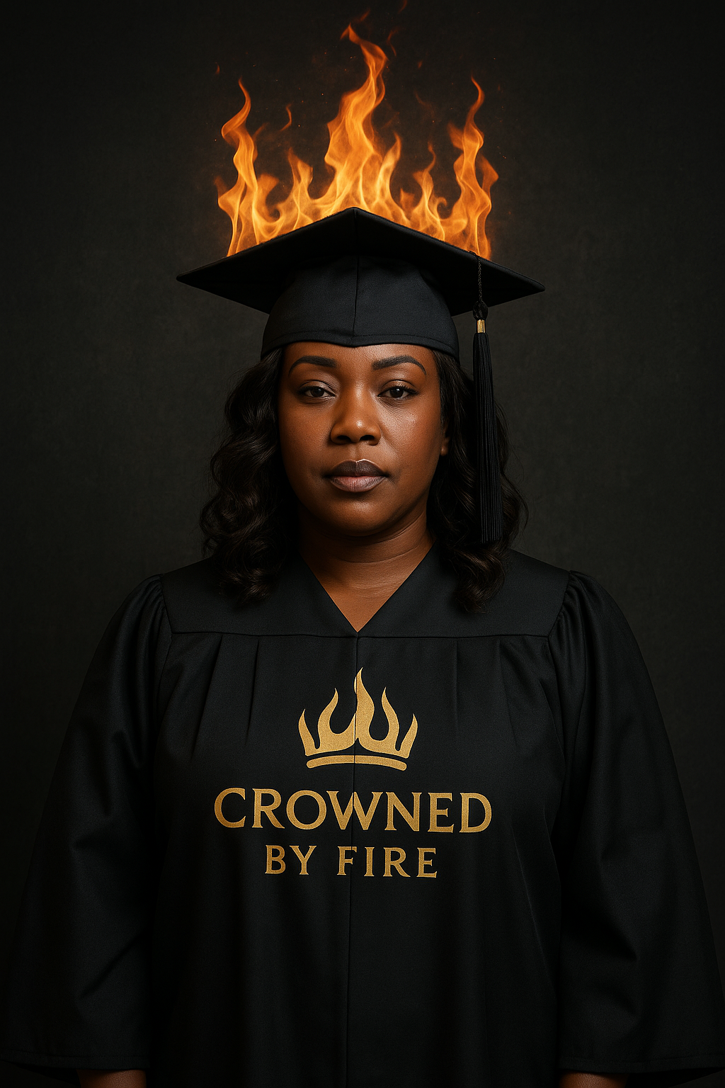 A woman in a black Crowned by Fire cap and gown with a fiery crown, standing confidently against a dark background, symbolizing empowerment, achievement, and transformation.