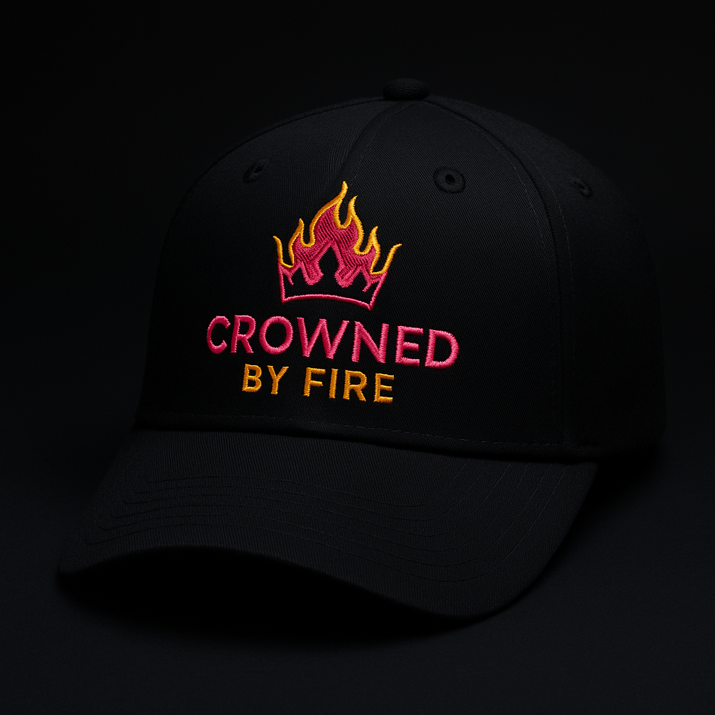High-resolution image of a black baseball cap with the Crowned By Fire flame crown logo embroidered in vibrant hot pink and golden yellow, set against a sleek black background with soft lighting highlighting the detailed stitching.