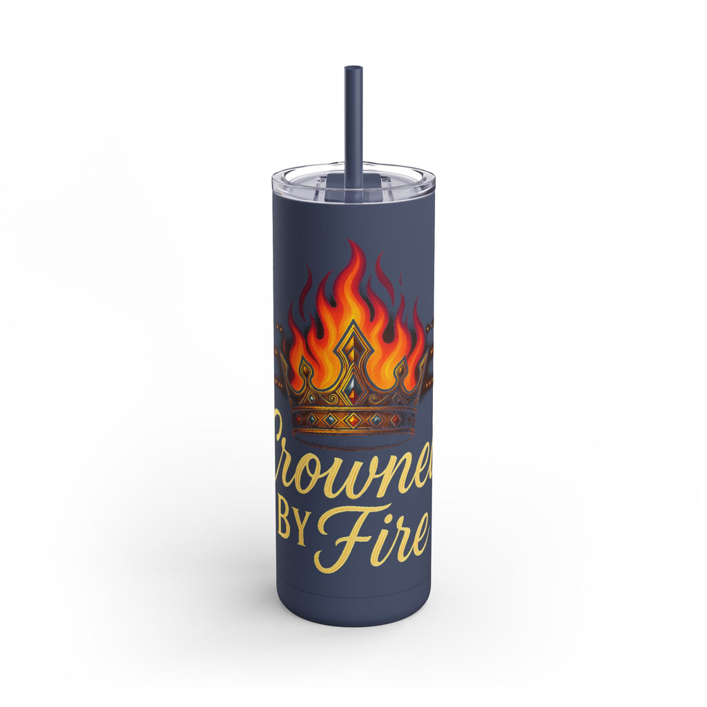 Tumbler with flame design and ' crowned by fire' text.