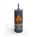 Tumbler with flame design and ' crowned by fire' text.