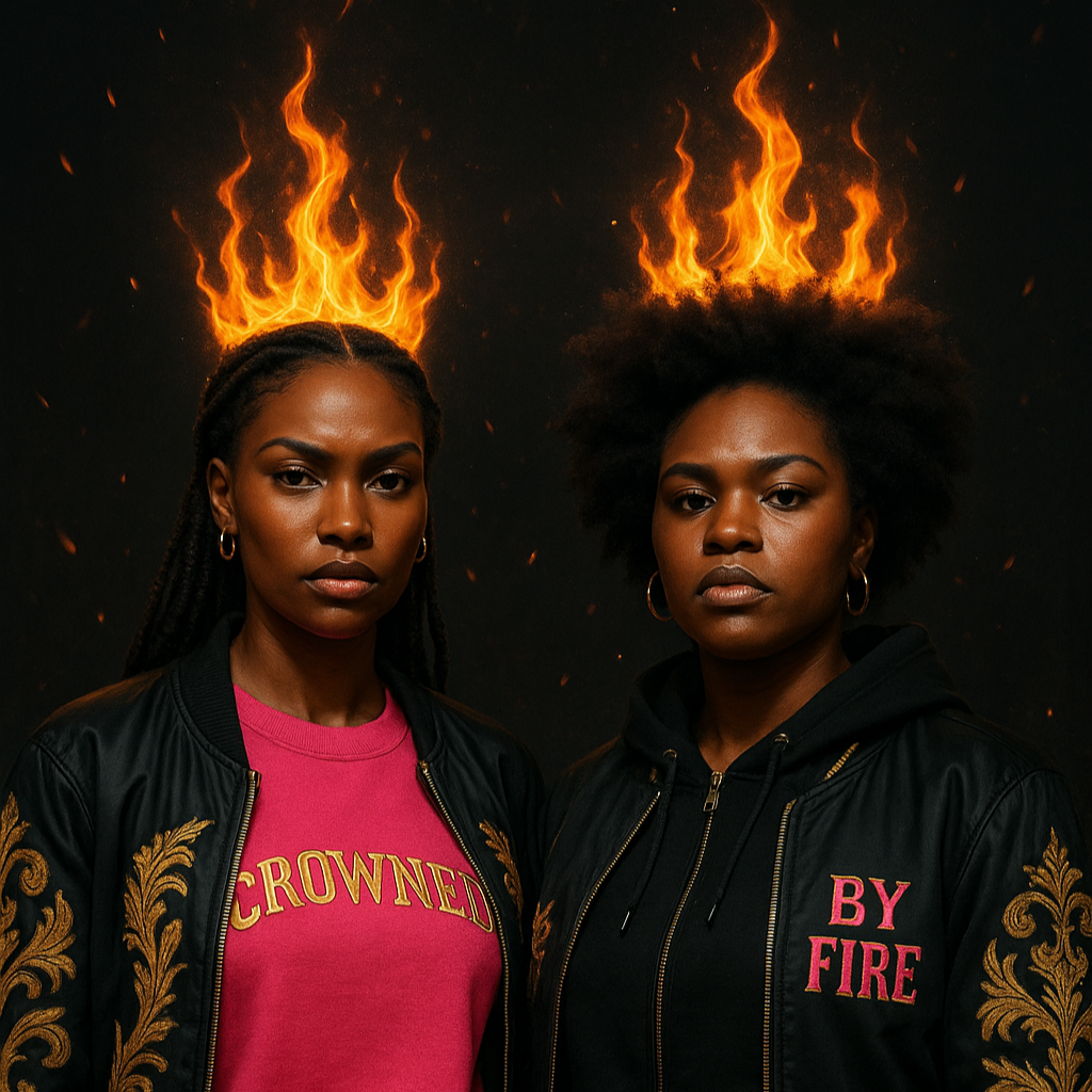 Two individuals wearing branded jackets with fiery designs on a dark background