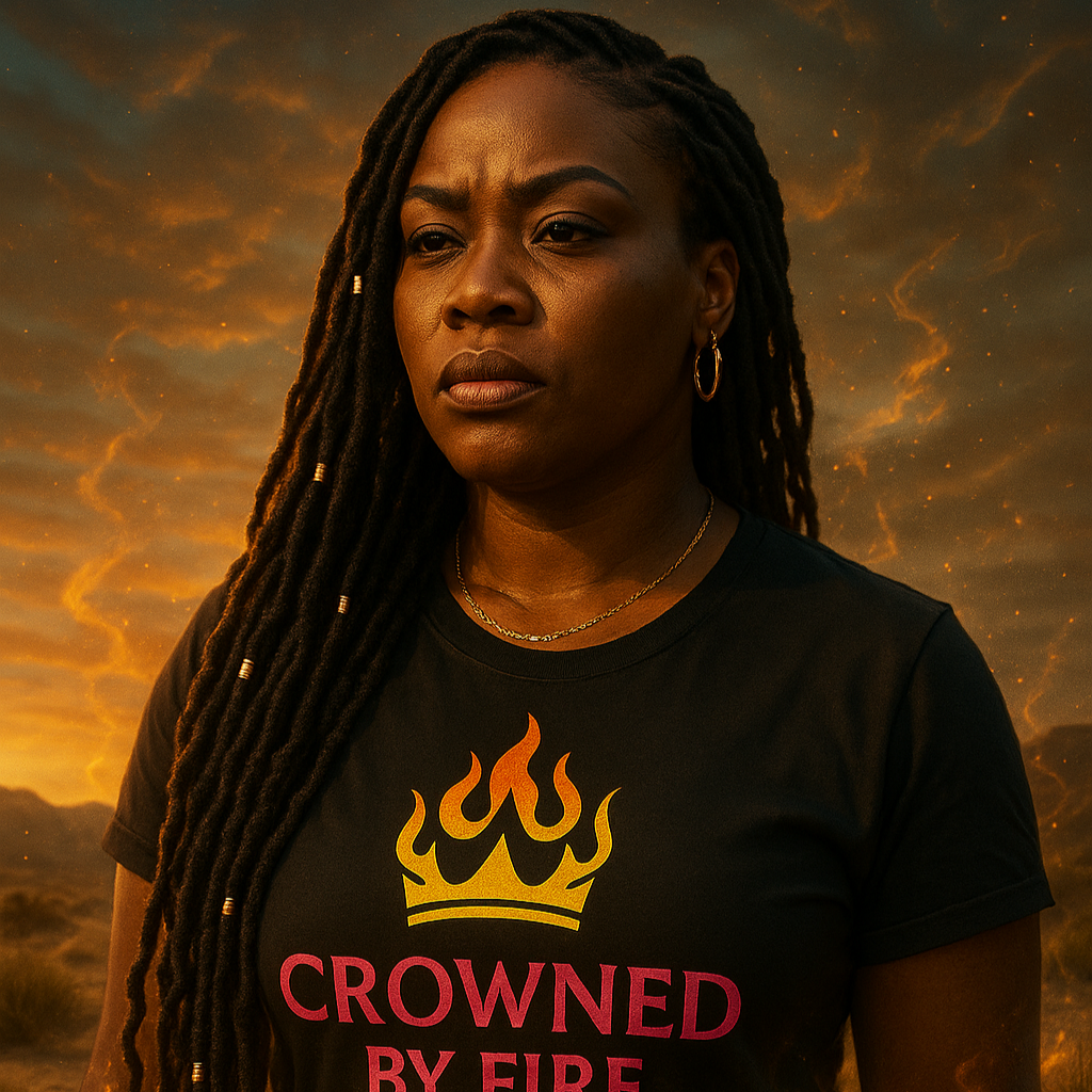 Person wearing a 'Crowned by Fire' t-shirt with a fiery background
